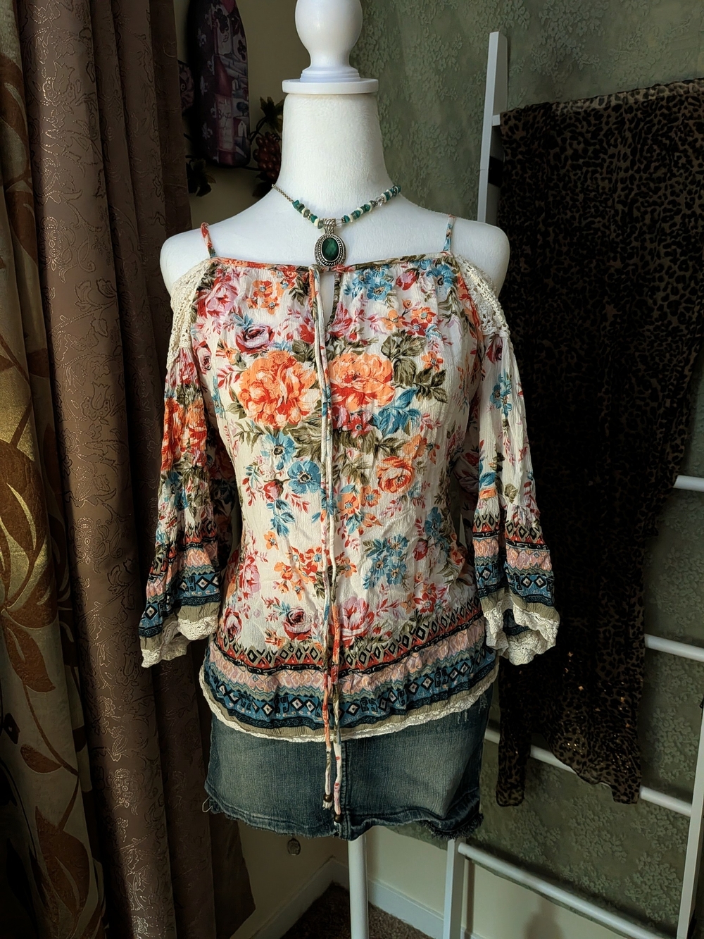 Floral Flannel Off Shoulder Bohemian Top W Embroidery